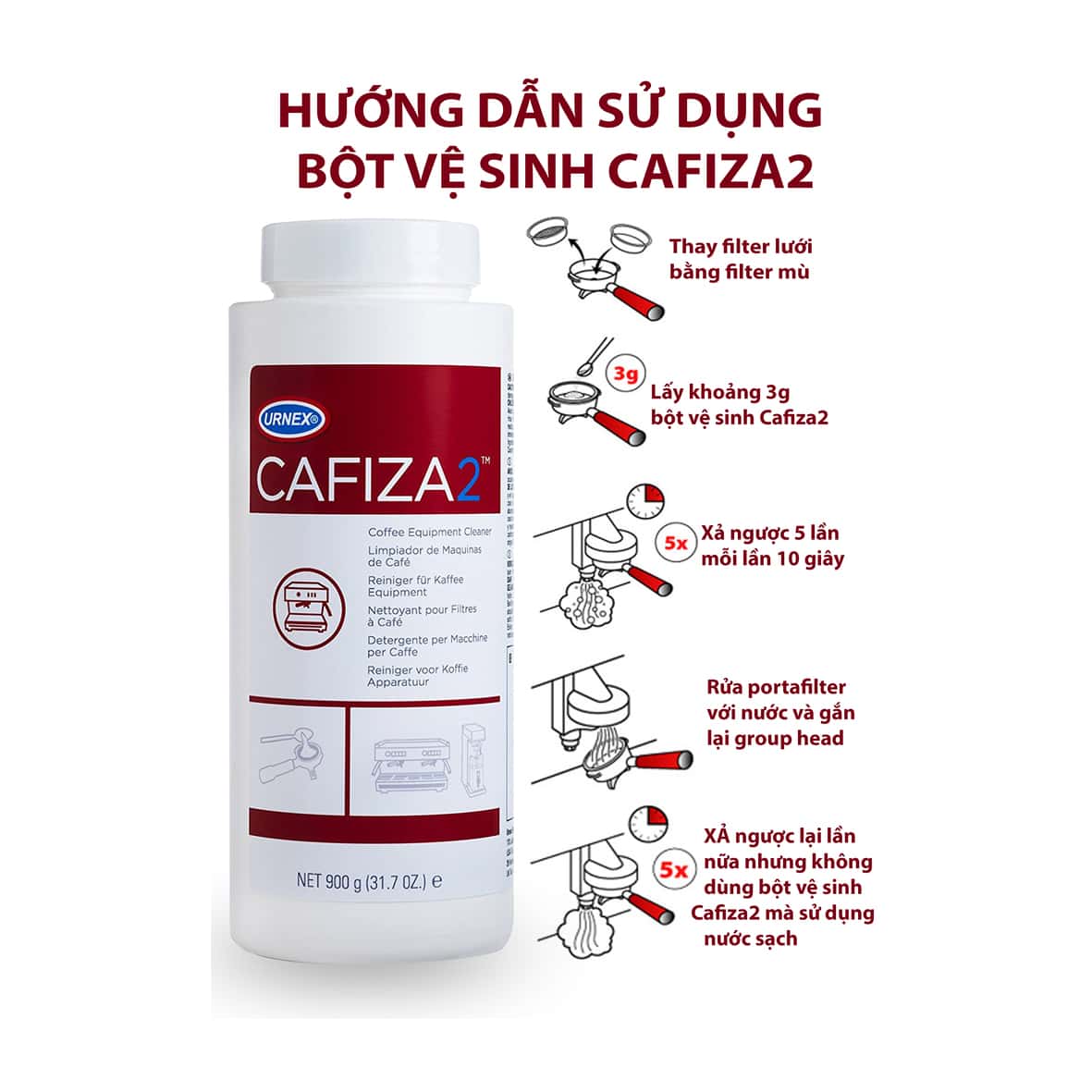 Bột vệ sinh máy pha cà phê CAFIZA 2 hộp 900g (gram)